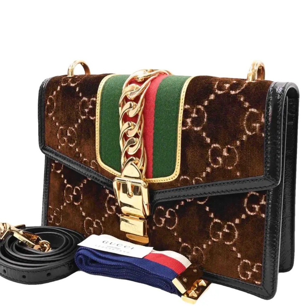 Authentic Gucci Sylvie Brown Velvet Crossbody Bag